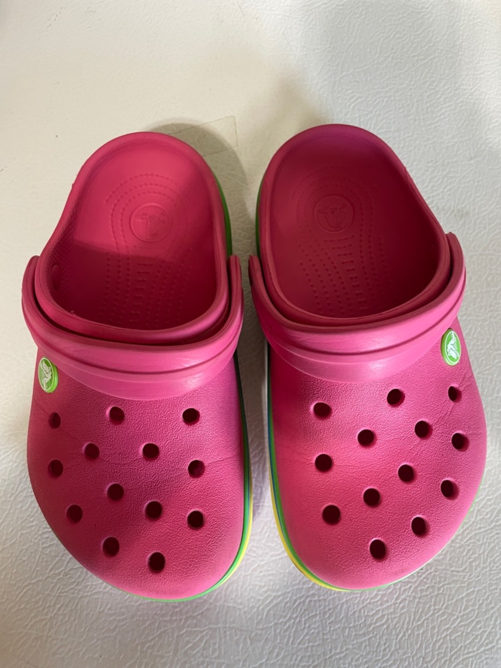 Crocs Juniors Pink Clogs With Multicolored Soles. Good Condition. Size J 2.